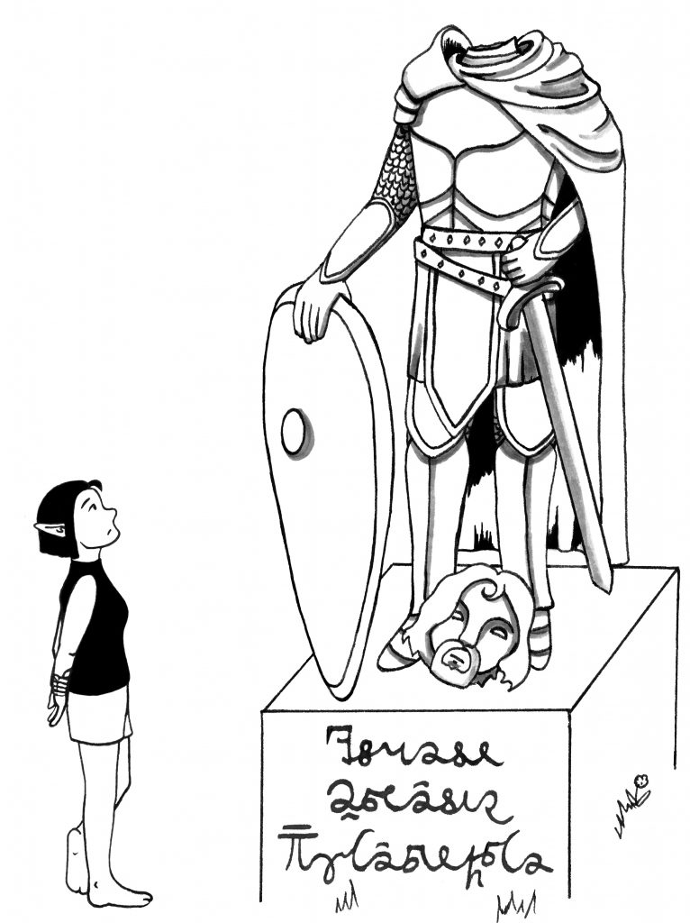 Tinka - eine der Gnomdamen, die gemeinsam mit Fidel das Fass Ohne Boden führt - bei der Betrachtung der Statue des eher mittelmäßg beliebten Herzogs Erastan Theodrich Gyldenfelt. Ein nettes Beispiel für einen bösen Charakter.